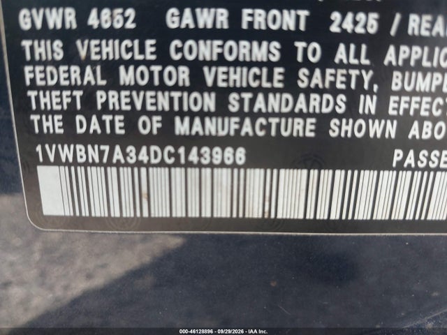 Продажа на аукционе авто 2013 Volkswagen Passat 2.0l Tdi Se, vin: 1VWBN7A34DC143966, номер лота: 46128896