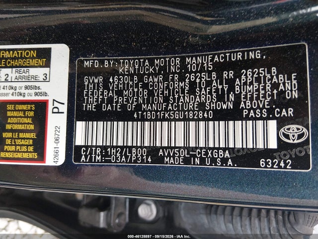 4T1BD1FK5GU182840 Toyota Camry Hybrid Xle