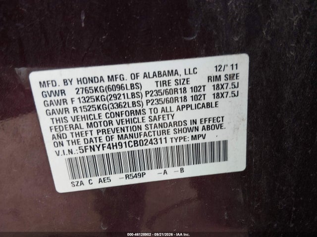 Aukcja sprzedaży 2012 Honda Pilot Touring, vin: 5FNYF4H91CB024311, numer aukcji: 46128902