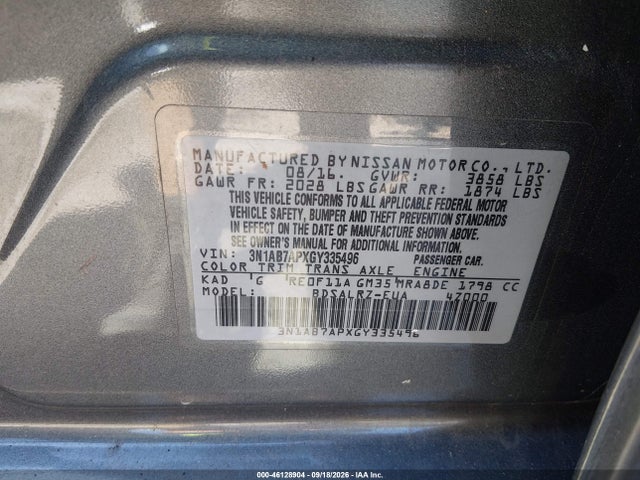 46128904 :رقم المزاد ، 3N1AB7APXGY335496 vin ، 2016 Nissan Sentra Sr مزاد بيع