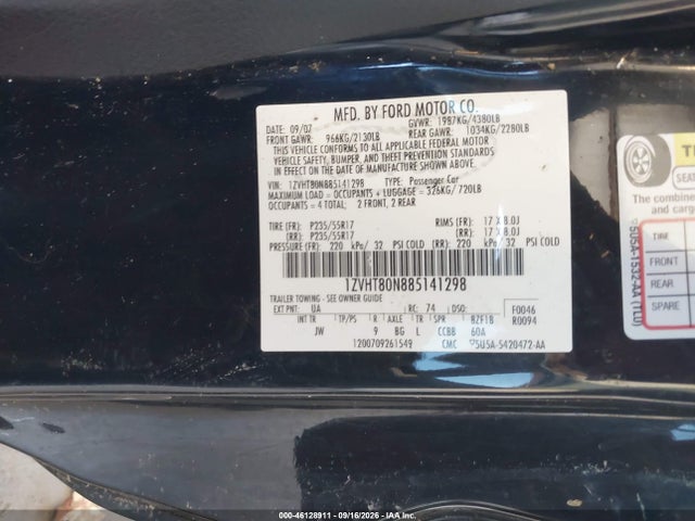 2008 Ford Mustang V6 Deluxe/v6 Premium მანქანა იყიდება აუქციონზე, vin: 1ZVHT80N885141298, აუქციონის ნომერი: 46128911