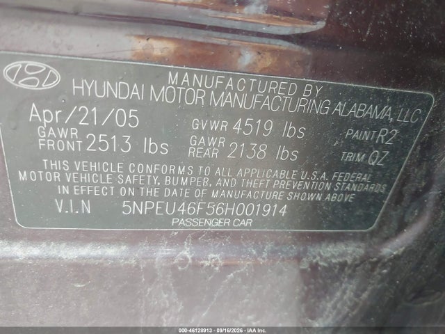 Aukcja sprzedaży 2006 Hyundai Sonata Gls V6/lx V6, vin: 5NPEU46F56H001914, numer aukcji: 46128913