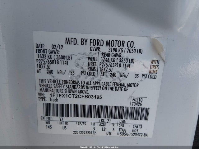 Aukcja sprzedaży 2012 Ford F-150 Xlt, vin: 1FTFX1CT2CFB03195, numer aukcji: 46128918