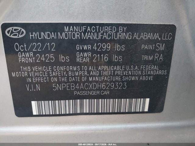 Aukcja sprzedaży 2013 Hyundai Sonata Gls, vin: 5NPEB4ACXDH629323, numer aukcji: 46128924