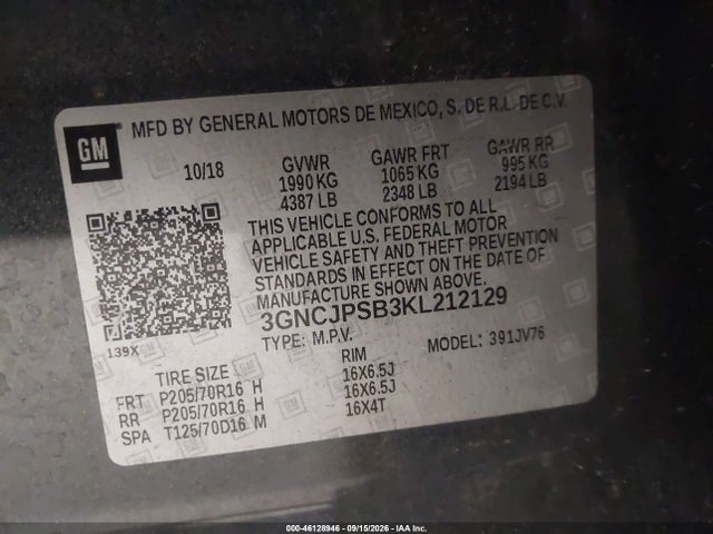 Aukcja sprzedaży 2019 Chevrolet Trax Lt, vin: 3GNCJPSB3KL212129, numer aukcji: 46128946