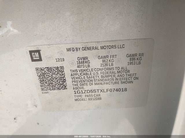 46128950 :رقم المزاد ، 1G1ZD5STXLF074018 vin ، 2020 Chevrolet Malibu Fwd Lt مزاد بيع
