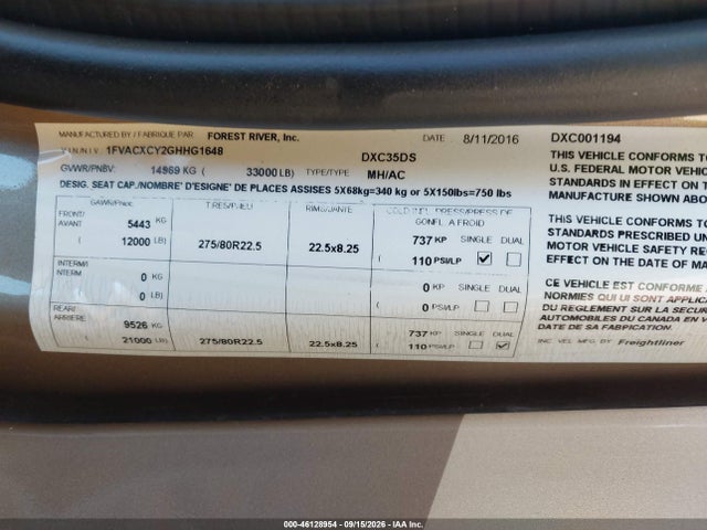 Продажа на аукционе авто 2016 Forest River M2, vin: 1FVACXCY2GHHG1648, номер лота: 46128954