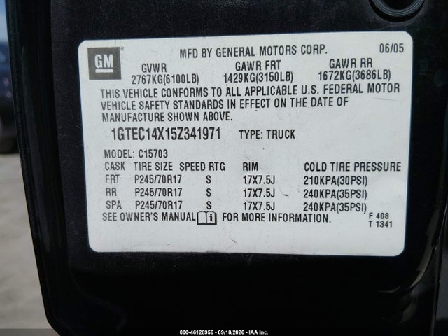 Aukcja sprzedaży 2005 Gmc Sierra 1500, vin: 1GTEC14X15Z341971, numer aukcji: 46128956