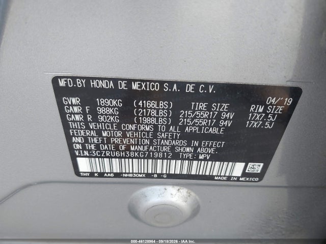 46128964 :رقم المزاد ، 3CZRU6H38KG719812 vin ، 2019 Honda Hr-v Lx مزاد بيع