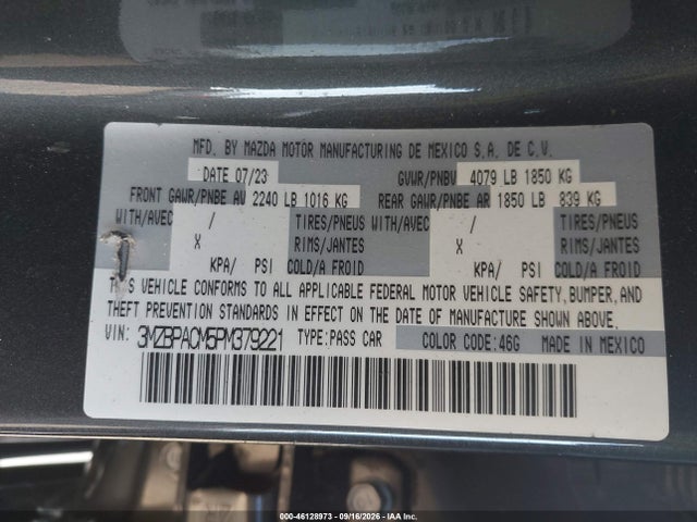 46128973 :رقم المزاد ، 3MZBPACM5PM379221 vin ، 2023 Mazda Mazda3 2.5 S Preferred مزاد بيع