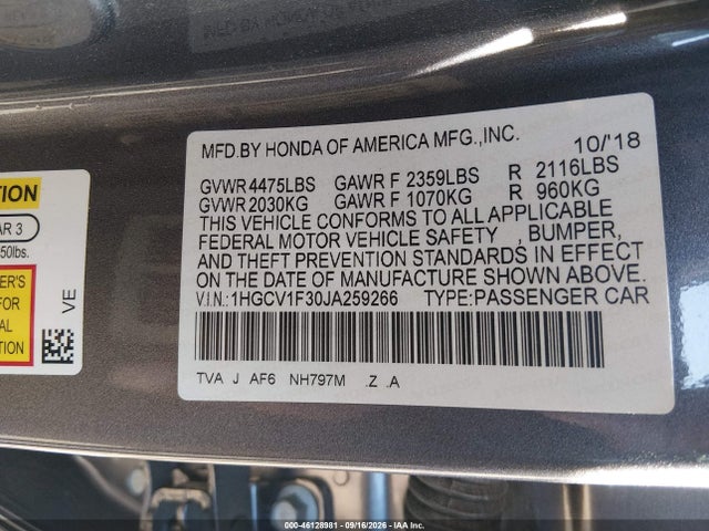 Aukcja sprzedaży 2018 Honda Accord Sport, vin: 1HGCV1F30JA259266, numer aukcji: 46128981