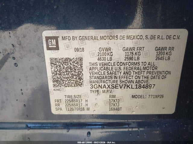 46128990 :رقم المزاد ، 3GNAXSEV7KL184897 vin ، 2019 Chevrolet Equinox Ls مزاد بيع