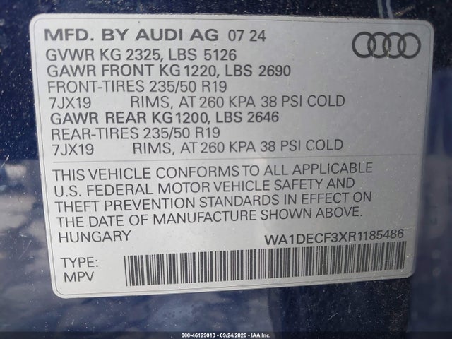 46129013 :رقم المزاد ، WA1DECF3XR1185486 vin ، 2024 Audi Q3 Premium 45 Tfsi S Line Quattro Tiptronic مزاد بيع