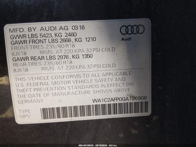 2016 Audi Q5 2.0t Premium მანქანა იყიდება აუქციონზე, vin: WA1C2AFP0GA126908, აუქციონის ნომერი: 46129026