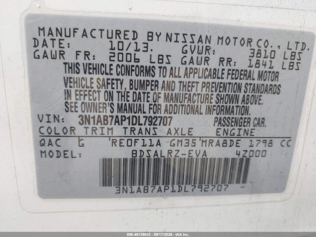 46129033 :رقم المزاد ، 3N1AB7AP1DL792707 vin ، 2013 Nissan Sentra Sr مزاد بيع