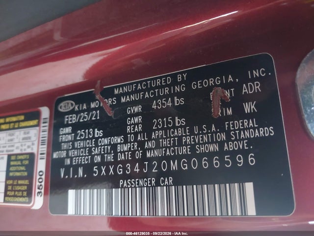 5XXG34J20MG066596 KIA K5 EX