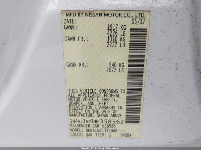 2017 Nissan Altima 2.5 S მანქანა იყიდება აუქციონზე, vin: 1N4AL3AP3HN358562, აუქციონის ნომერი: 46129039