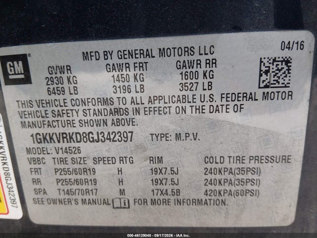 Aukcja sprzedaży 2016 Gmc Acadia Slt-1, vin: 1GKKVRKD8GJ342397, numer aukcji: 46129040