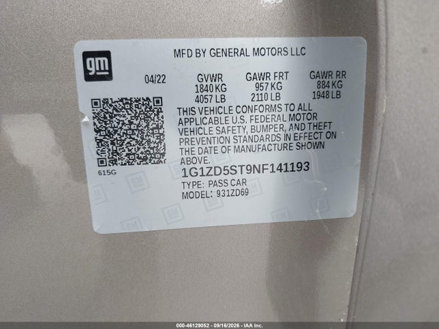 2022 Chevrolet Malibu Fwd Lt მანქანა იყიდება აუქციონზე, vin: 1G1ZD5ST9NF141193, აუქციონის ნომერი: 46129052