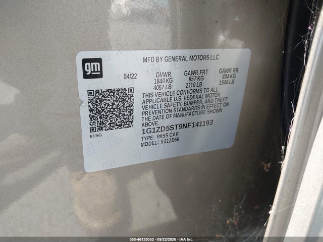 2022 Chevrolet Malibu Fwd Lt მანქანა იყიდება აუქციონზე, vin: 1G1ZD5ST9NF141193, აუქციონის ნომერი: 46129052
