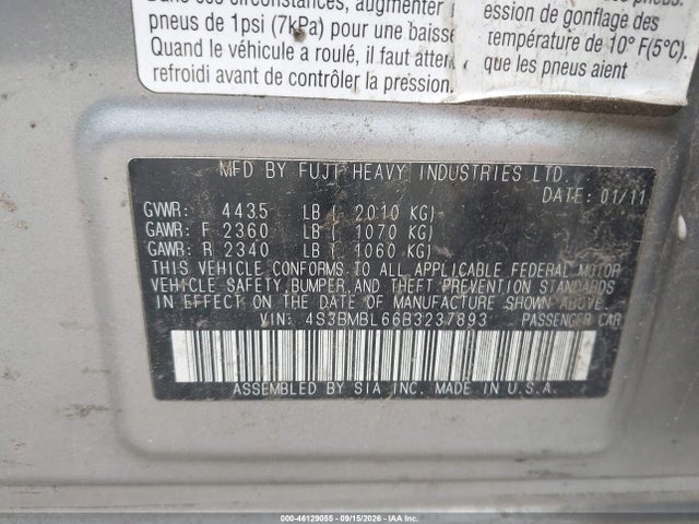 Продажа на аукционе авто 2011 Subaru Legacy 2.5i Limited, vin: 4S3BMBL66B3237893, номер лота: 46129055