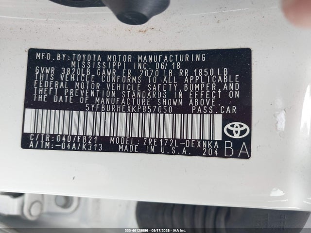 2019 Toyota Corolla Le მანქანა იყიდება აუქციონზე, vin: 5YFBURHEXKP857050, აუქციონის ნომერი: 46129056