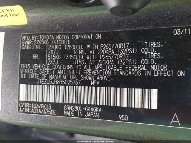 Продажа на аукционе авто 2011 Toyota 4runner Sr5 V6, vin: JTEZU5JR8B5025767, номер лота: 46129082