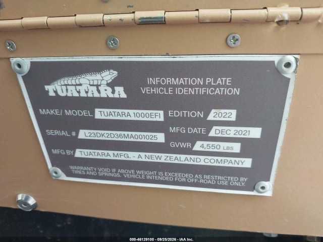 Продажа на аукционе авто 2021 Tuatara 1000 Efi, vin: L23DK2D36MA001025, номер лота: 46129100
