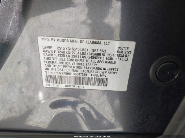 5FNYF5H51GB047239 Honda Pilot Ex-l