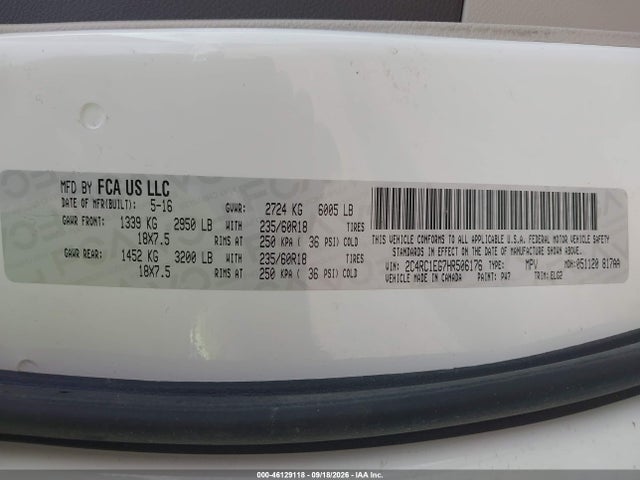 46129118 :رقم المزاد ، 2C4RC1EG7HR506176 vin ، 2017 Chrysler Pacifica Touring-l Plus مزاد بيع