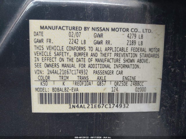 46129132 :رقم المزاد ، 1N4AL21E67C174932 vin ، 2007 Nissan Altima 2.5 S مزاد بيع