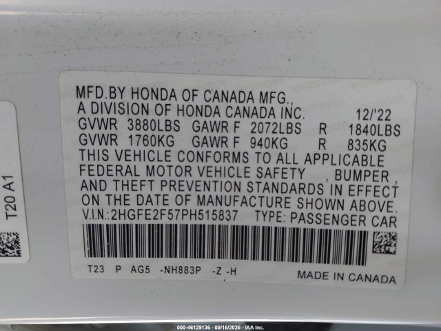 Aukcja sprzedaży 2023 Honda Civic Sport, vin: 2HGFE2F57PH515837, numer aukcji: 46129136