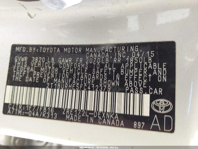Продажа на аукционе авто 2015 Toyota Corolla Le, vin: 2T1BURHE5FC412379, номер лота: 46129137