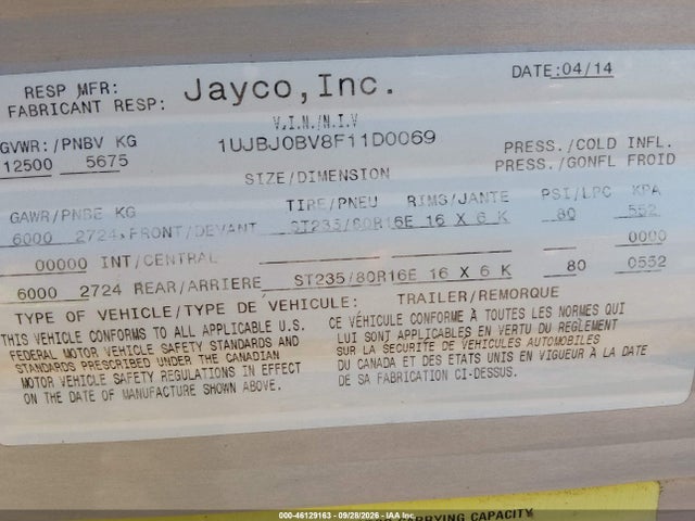 2015 Jayco Jay Flight მანქანა იყიდება აუქციონზე, vin: 1UJBJ0BV8F11D0069, აუქციონის ნომერი: 46129163