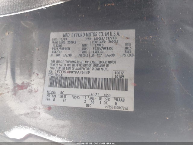 2000 Ford Ranger Xl/xlt მანქანა იყიდება აუქციონზე, vin: 1FTYR14V0YPA46449, აუქციონის ნომერი: 46129168