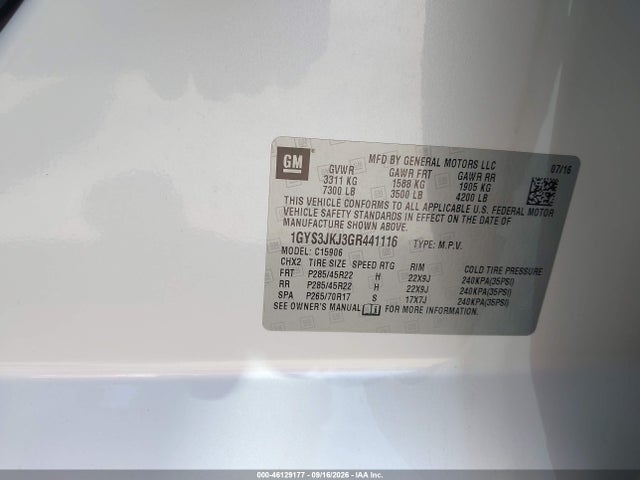 46129177 :رقم المزاد ، 1GYS3JKJ3GR441116 vin ، 2016 Cadillac Escalade Esv Premium Collection مزاد بيع