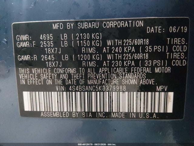 Subaru Outback 2.5i Limited 2019 4S4BSANC5K3379988 Image 9