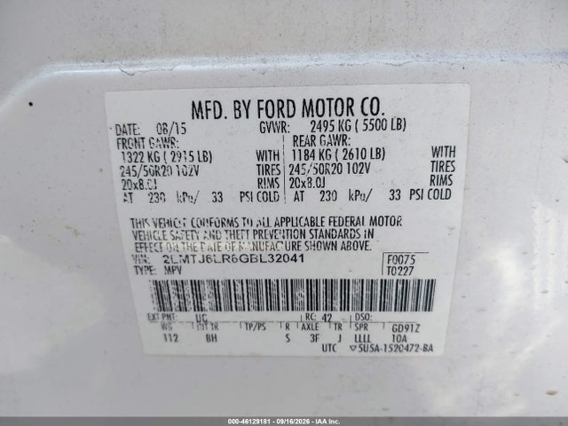 Aukcja sprzedaży 2016 Lincoln Mkx Reserve, vin: 2LMTJ6LR6GBL32041, numer aukcji: 46129181
