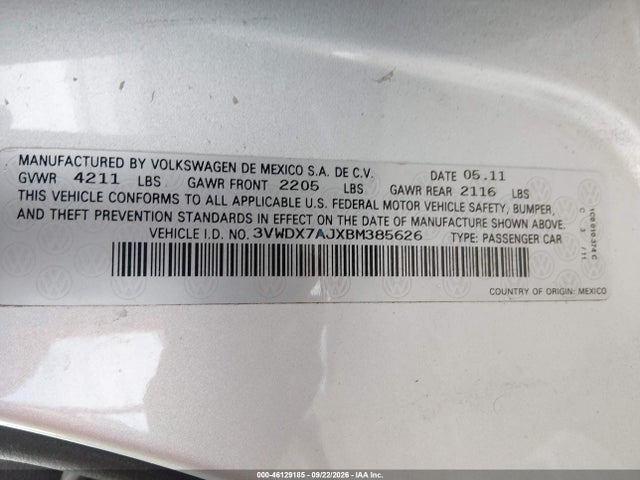 2011 Volkswagen Jetta 2.5l Se მანქანა იყიდება აუქციონზე, vin: 3VWDX7AJXBM385626, აუქციონის ნომერი: 46129185
