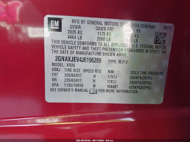 Продаж на аукціоні авто 2018 Chevrolet Equinox Lt, vin: 2GNAXJEV4J6196289, номер лоту: 46129192