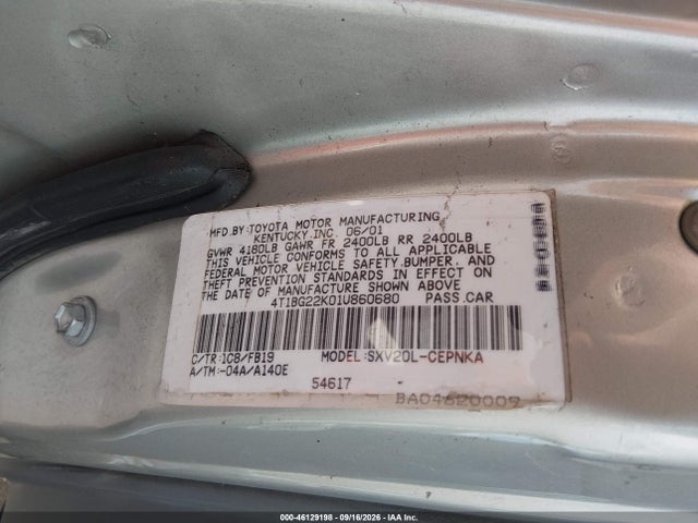 2001 Toyota Camry Le მანქანა იყიდება აუქციონზე, vin: 4T1BG22K01U860680, აუქციონის ნომერი: 46129198