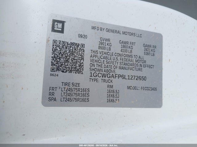 Продаж на аукціоні авто 2020 Chevrolet Express Cargo Rwd 2500 Regular Wheelbase Wt, vin: 1GCWGAFP6L1272650, номер лоту: 46129200