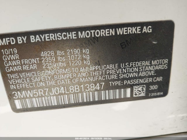 Продаж на аукціоні авто 2020 Bmw 330i Xdrive, vin: 3MW5R7J04L8B13847, номер лоту: 46129214