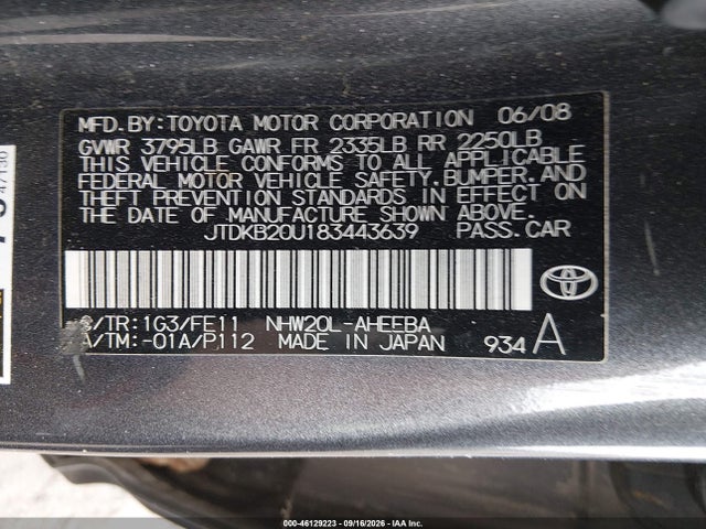 Продаж на аукціоні авто 2008 Toyota Prius, vin: JTDKB20U183443639, номер лоту: 46129223