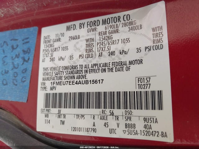 46129224 :رقم المزاد ، 1FMEU7EE4AUB15617 vin ، 2010 Ford Explorer Eddie Bauer مزاد بيع