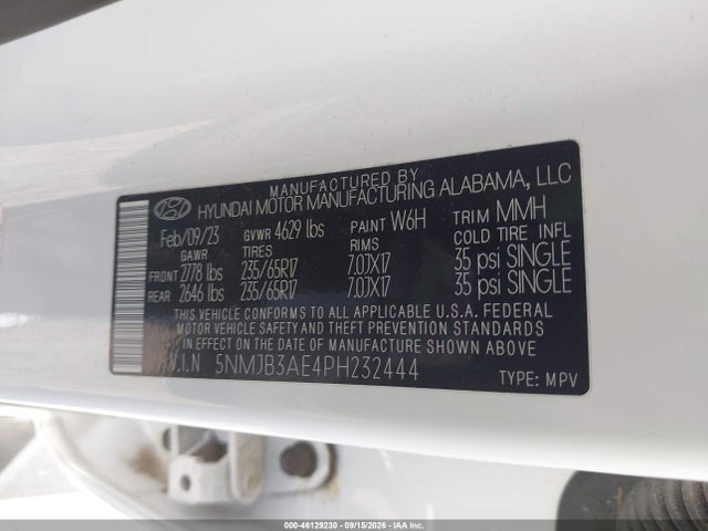 Aukcja sprzedaży 2023 Hyundai Tucson Sel, vin: 5NMJB3AE4PH232444, numer aukcji: 46129230