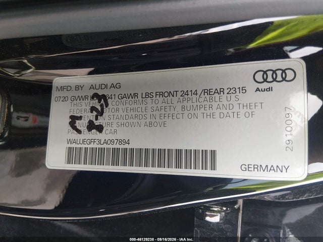 2020 Audi A3 Premium Plus 45 Tfsi S Line Quattro S Tronic მანქანა იყიდება აუქციონზე, vin: WAUJEGFF3LA097894, აუქციონის ნომერი: 46129238
