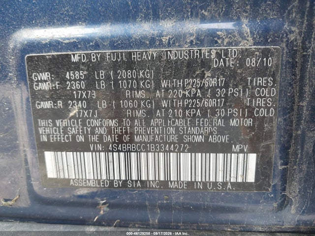 46129258 :رقم المزاد ، 4S4BRBCC1B3344272 vin ، 2011 Subaru Outback 2.5i Premium مزاد بيع