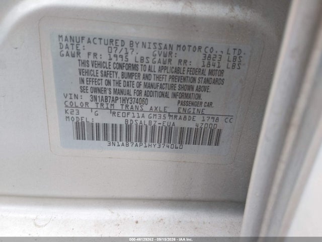 2017 Nissan Sentra S მანქანა იყიდება აუქციონზე, vin: 3N1AB7AP1HY374060, აუქციონის ნომერი: 46129262