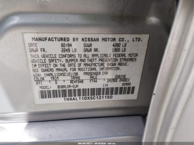 2005 Nissan Altima 2.5 S მანქანა იყიდება აუქციონზე, vin: 1N4AL11DX5C121150, აუქციონის ნომერი: 46129272